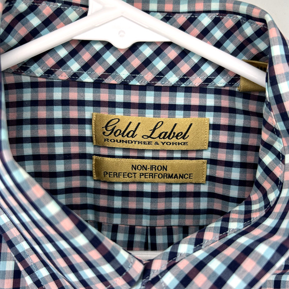 Roundtree Yorke Button Down Mens Large Plaid Pink Blue Gold Label Easter Spring - Picture 3 of 5